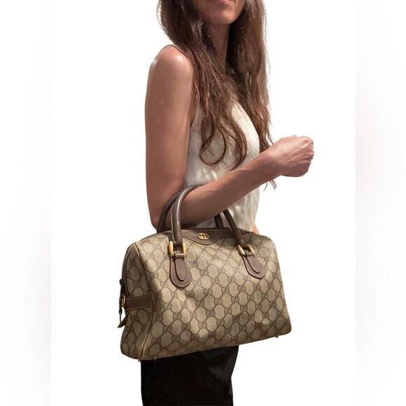 Gucci Brown Leather Satchel with Monogram Canvas - Picture 2 of 16